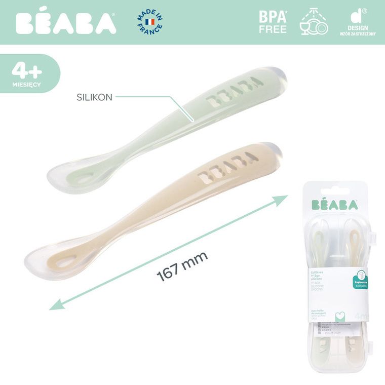 Beaba, zestaw łyżeczek silikonowych w podróżnym etui, Clay/Misty Green, 4 m+, 2 szt.