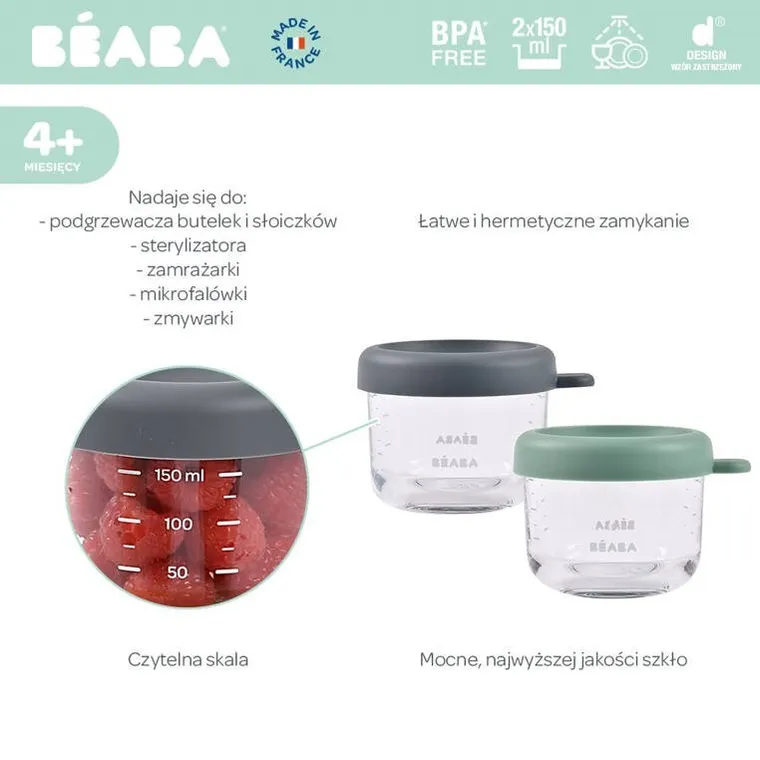 Beaba, zestaw pojemników słoiczków szklanych z zamknięciem, mineral/sage green, 150 ml, 2 szt.