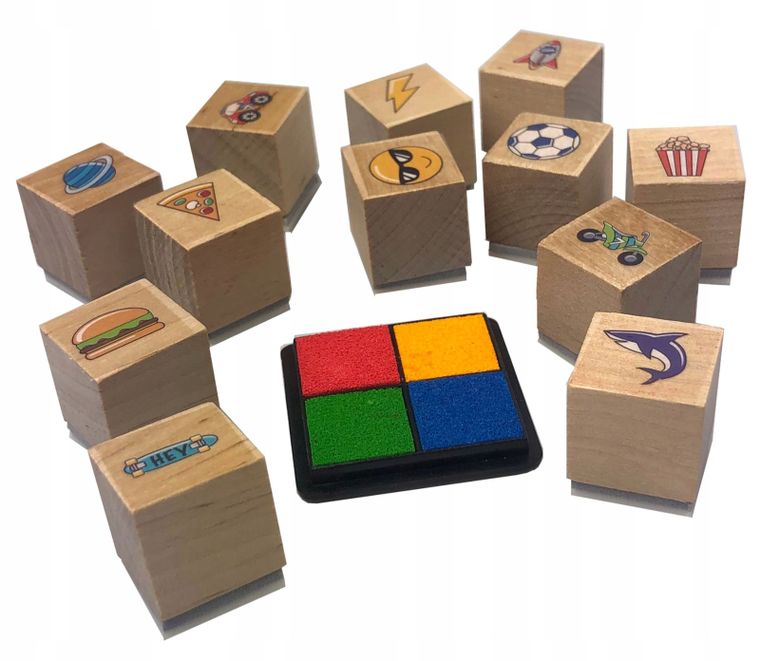 Beniamin, pieczątki drewniane w tubie, 12 elementów