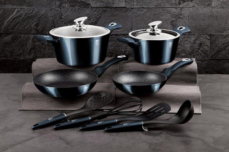 Berlinger Haus, Aquamarine, zestaw: garnki granitowe z pokrywą + patelnie + akcesoria, 10 elementów