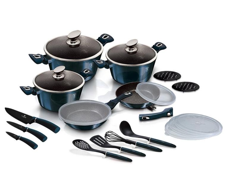 Berlinger Haus, Aquamarine, zestaw: garnki z pokrywą + patelnie + akcesoria, 22 elementy