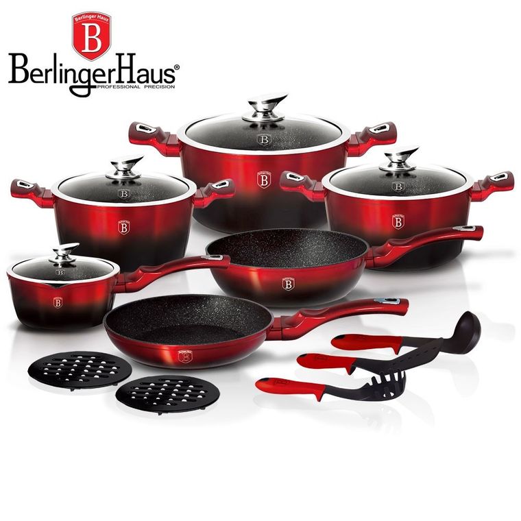 Berlinger Haus, Black-Burgundy, zestaw: garnki z pokrywą + patelnie + akcesoria, 15 elementów