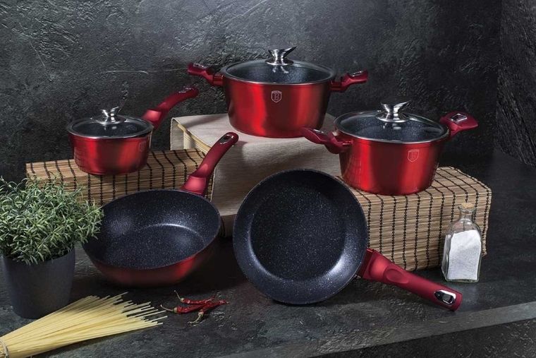 Berlinger Haus, Burgundy, zestaw: garnki granitowe z pokrywą + patelnie + akcesoria, 17 elementów