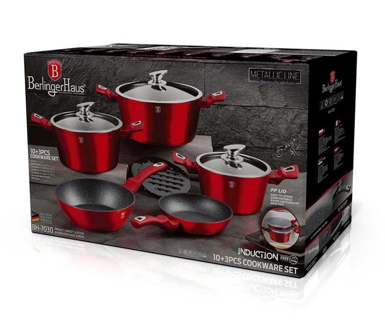 Berlinger Haus, Burgundy, zestaw: garnki z pokrywą + patelnie, 13 elementów