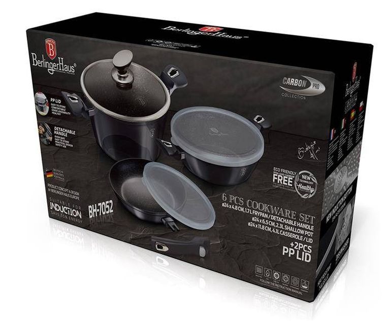 Berlinger Haus, Carbon Pro, zestaw: garnki granitowe z pokrywą + patelnie, 6 elementów