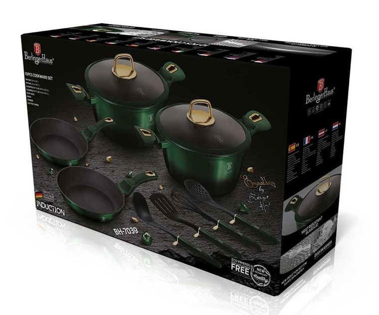 Berlinger Haus, Emerald, zestaw: garnki tytanowe z pokrywą + patelnie + akcesoria, 10 elementów