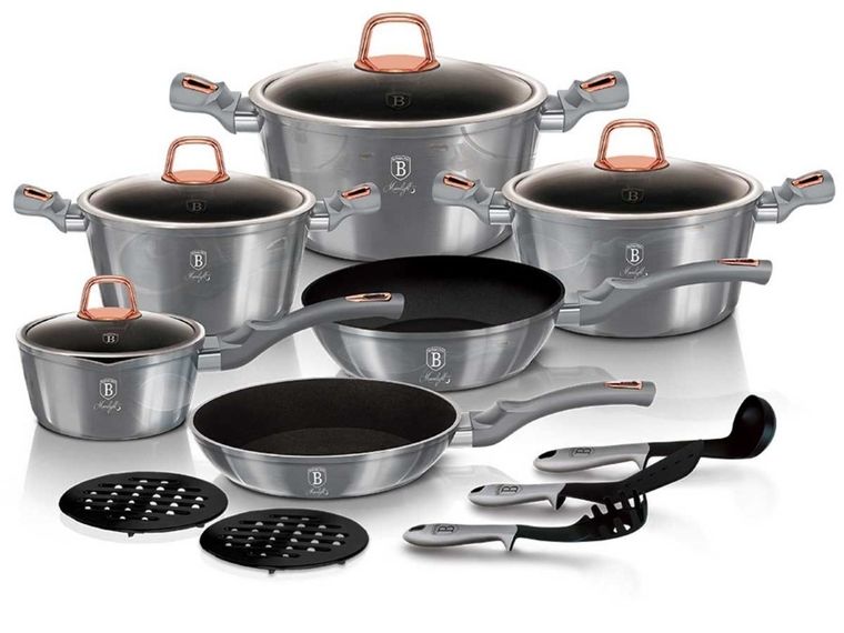 Berlinger Haus, Moonlight, zestaw: garnki granitowe z pokrywą + patelnie + akcesoria, 15 elementów