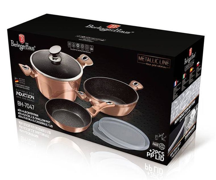 Berlinger Haus, Rose Gold, zestaw: garnki z pokrywą + patelnia, 6 elementów