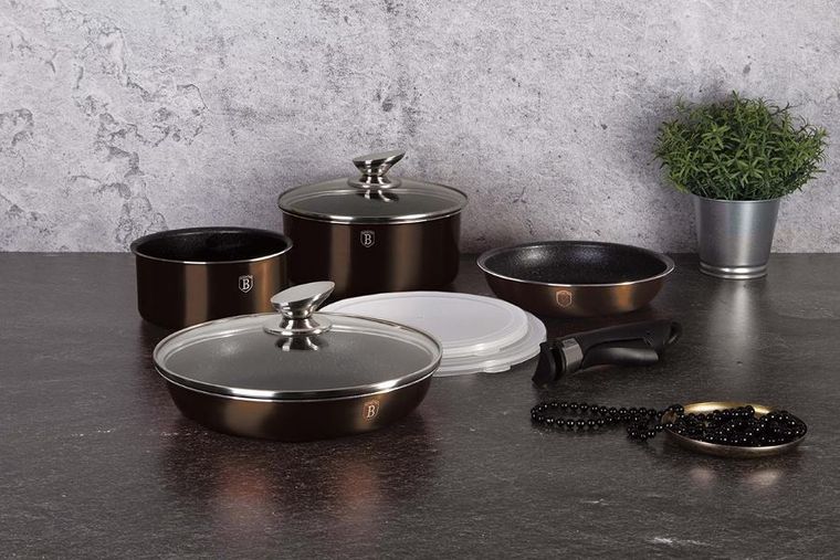 Berlinger Haus, Shiny Black, zestaw: garnki granitowe z pokrywą + patelnie, 9 elementów