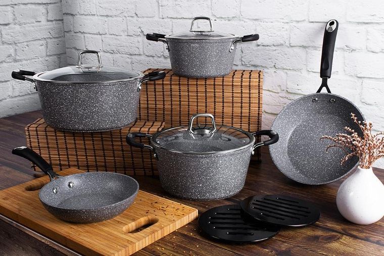 Berlinger Haus, Stone Touch, zestaw: garnki granitowe z pokrywą + patelnie + akcesoria, 18 elementów