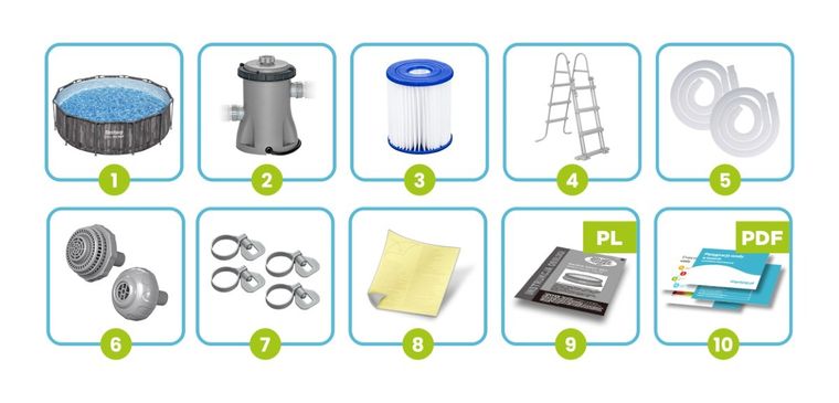 Bestway, basen ogrodowy stelażowy, zestaw 10w1, 366-100 cm