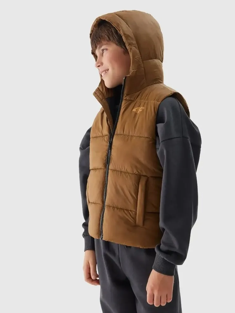 Bezrękawnik chłopięcy z kaptuem, brązowy, 4F