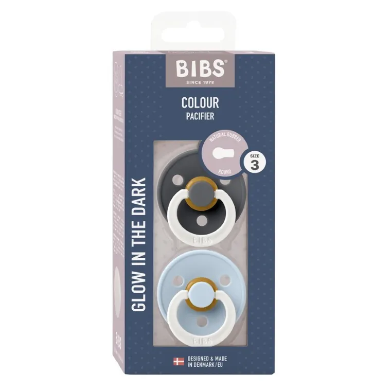 Bibs, Colour, smoczek uspokajający, kauczuk Hevea, Iron Glow&Baby Blue Glow, rozmiar 3, 2 szt.