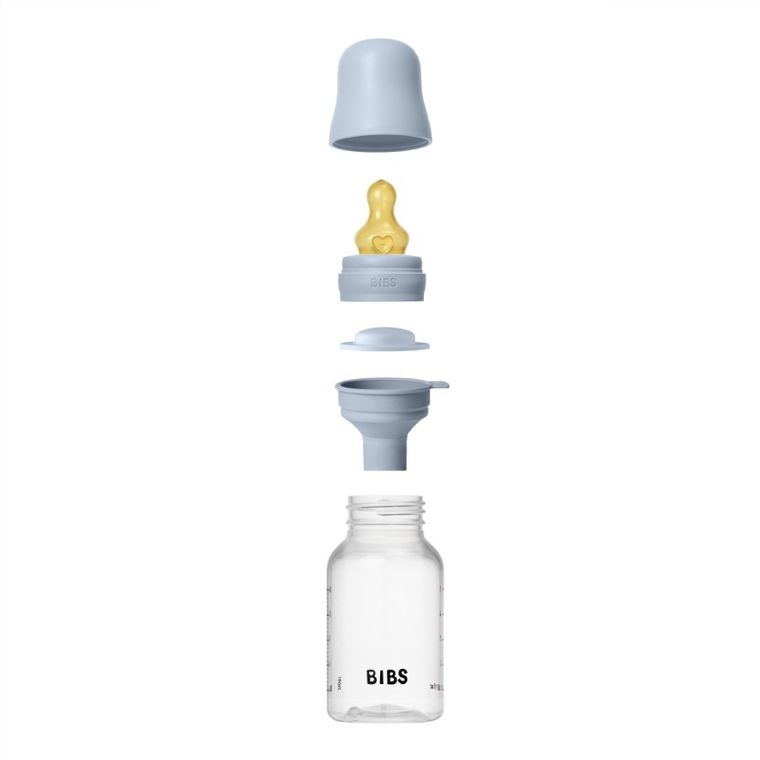 Bibs, zestaw: butelka antykolkowa dla noworodków, Baby Blue, 150 ml + smoczek do karmienia o wolnym przepływie, kauczuk Hevea