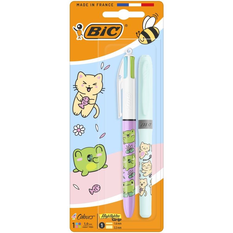 Bic, 4 Colors, Kawaii, długopis kolorowy 4w1 + zakreślacz, żółty