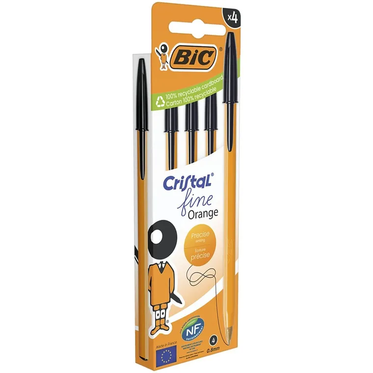 Bic, Cristal Fine Orange, długopis, czarny, 0.8 mm, 4 szt.
