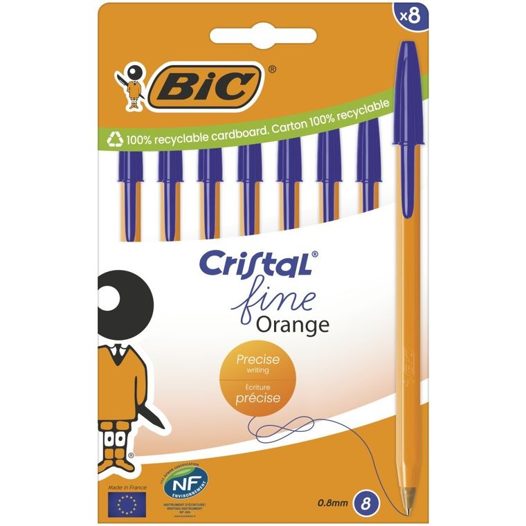 Bic, Cristal Fine Orange, długopisy, niebieskie, 8 szt.