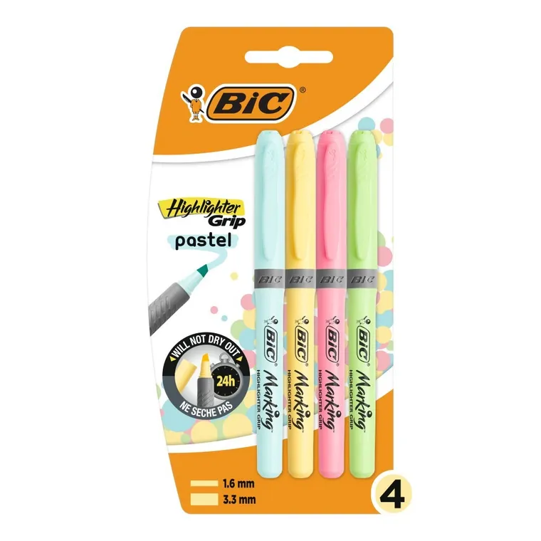 Bic, Highlighter Grip Pastel, zakreślacz, 4 szt.