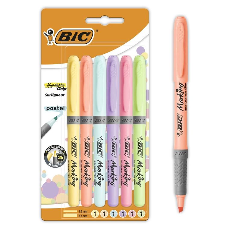 Bic, Highlighter Grip, zakreślacze, Pastel, 6 kolorów