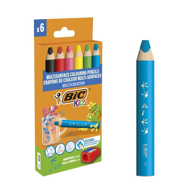 Bic, Kids, Multisurface, kredki ołówkowe do różnych powierzchni, 6 kolorów + temperówka