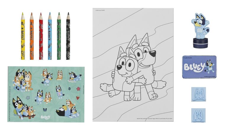 Bluey, zestaw kreatywny, kolorowanki, naklejki i stempelki