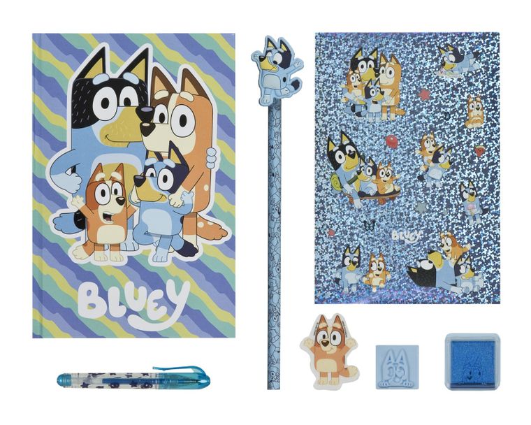 Bluey, zestaw kreatywny z notatnikiem, ołókiem, długopisem, stempelkiem i naklejkami