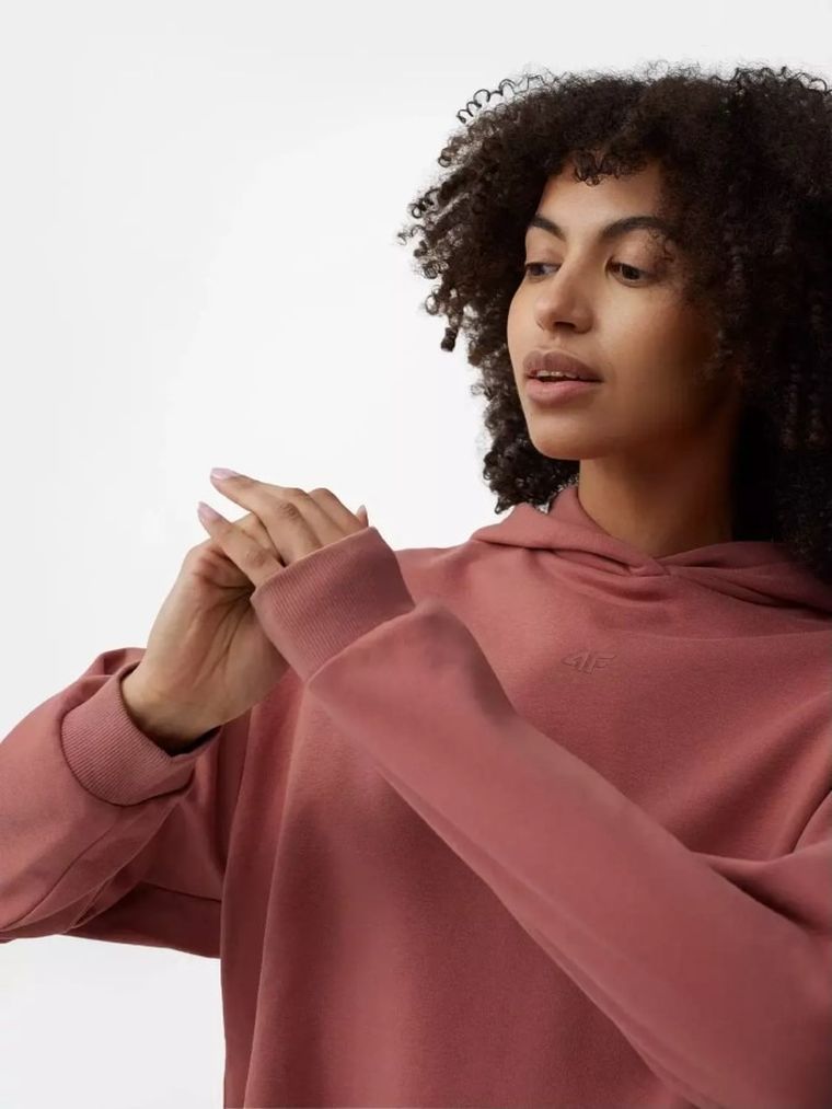 Bluza damska z kapturem, crop top, różowa, 4F