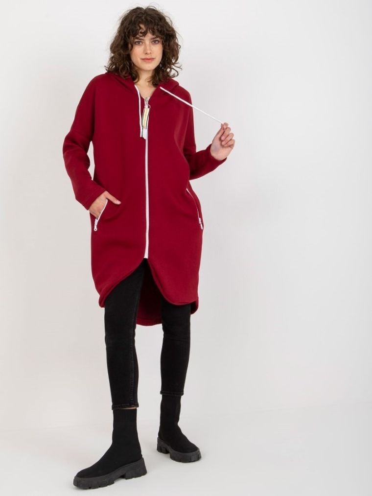 Bluza damska z kapturem, rozpinana, bordowa, Relevance