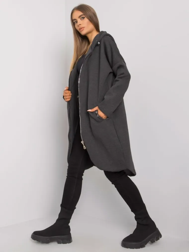 Bluza damska z kapturem, rozpinana, grafitowa, Rue Paris