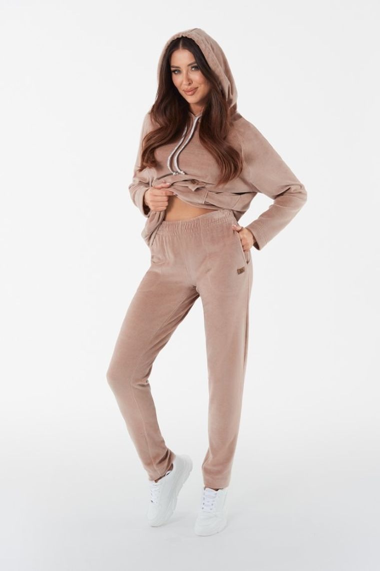 Bluza damska z kapturem, welurowa, beżowa, Oliw, Italian Fashion