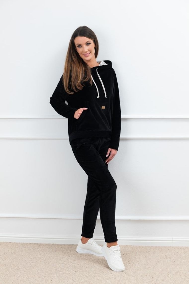 Bluza damska z kapturem, welurowa, czarna, Oliw, Italian Fashion