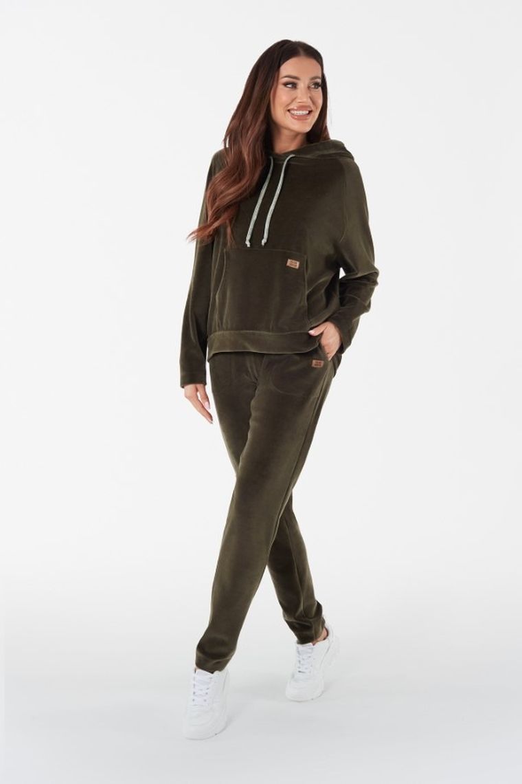 Bluza damska z kapturem, welurowa, zielona, Oliw, Italian Fashion