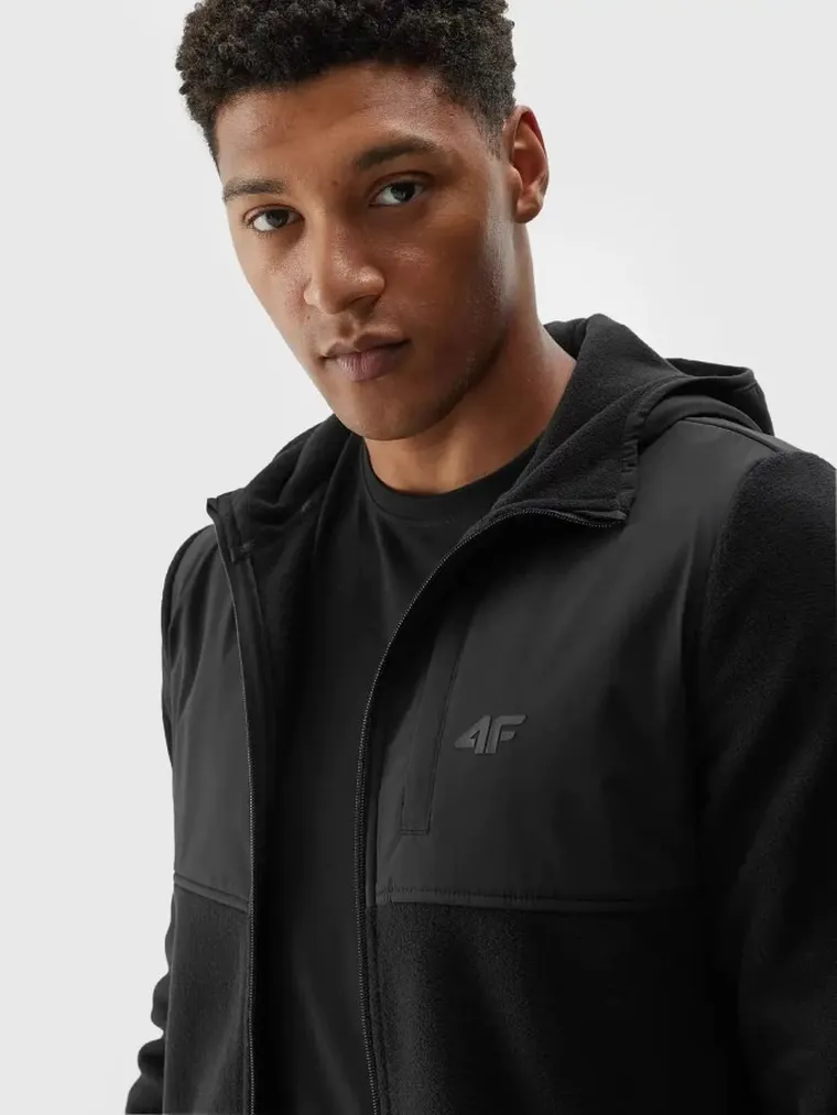Bluza męska z kapturem, rozpinana, polarowa, czarna, 4F