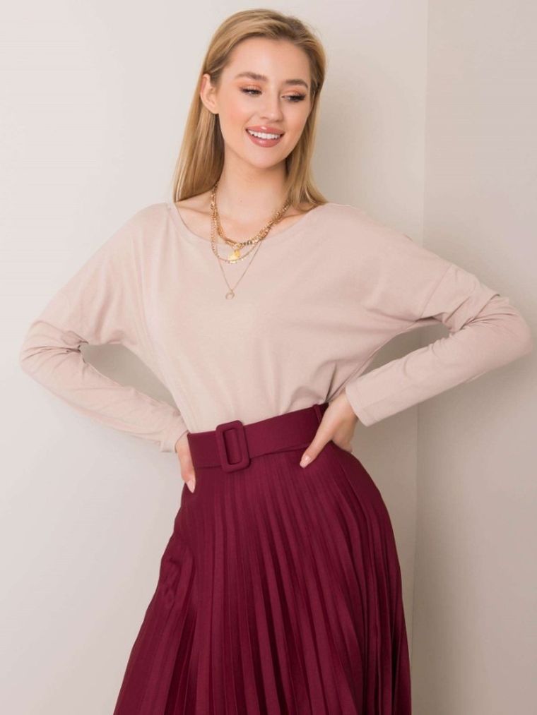 Bluzka damska z długim rękawem, beżowa, Basic Feel Good