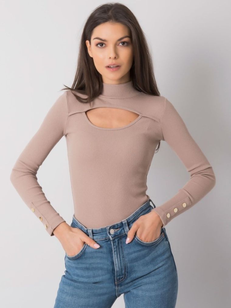 Bluzka damska z długim rękawem, beżowa, Basic Feel Good