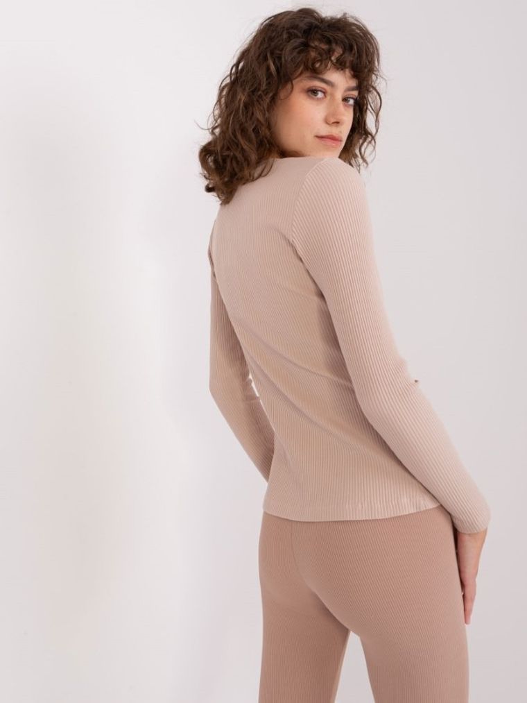 Bluzka damska z długim rękawem, beżowa, Basic Feel Good