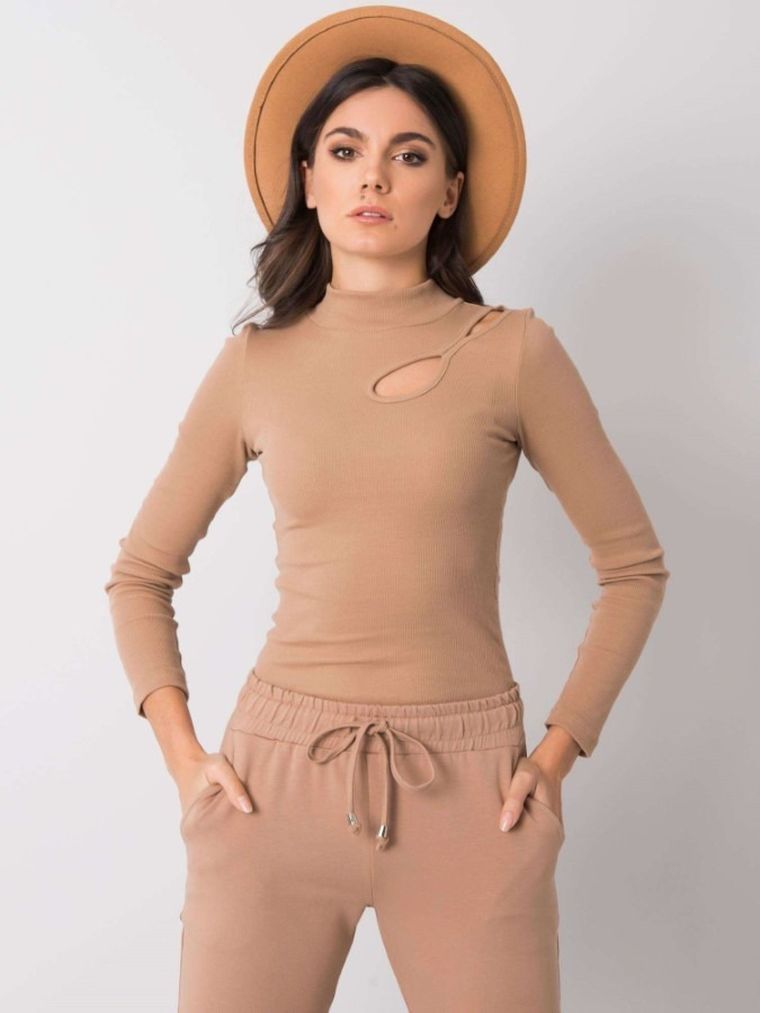 Bluzka damska z długim rękawem, beżowa, Rue Paris