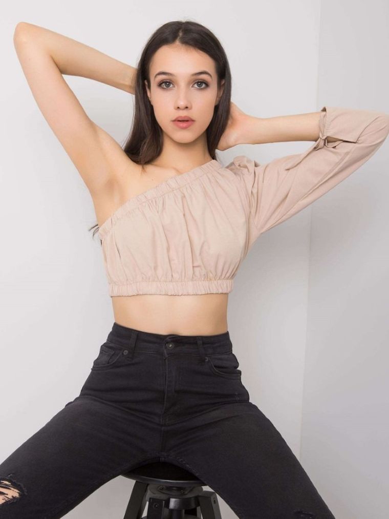 Bluzka damska z długim rękawem, beżowa, Rue Paris