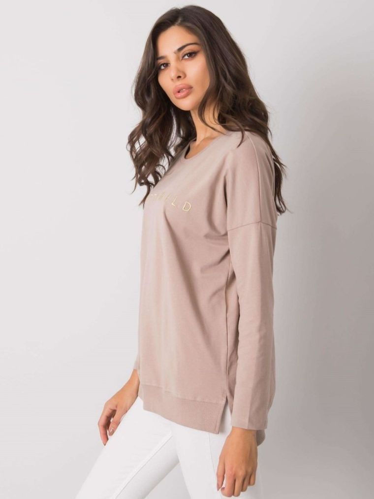Bluzka damska z długim rękawem, beżowa, Rue Paris