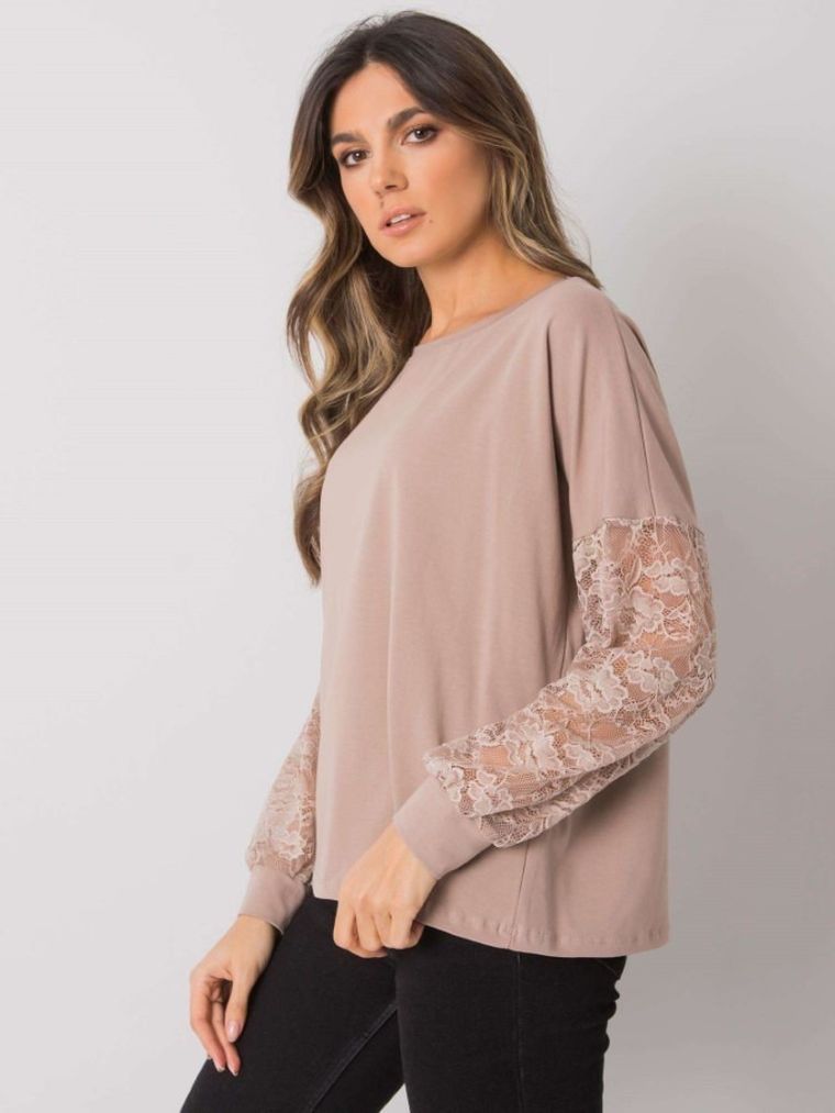 Bluzka damska z długim rękawem, beżowa, Rue Paris