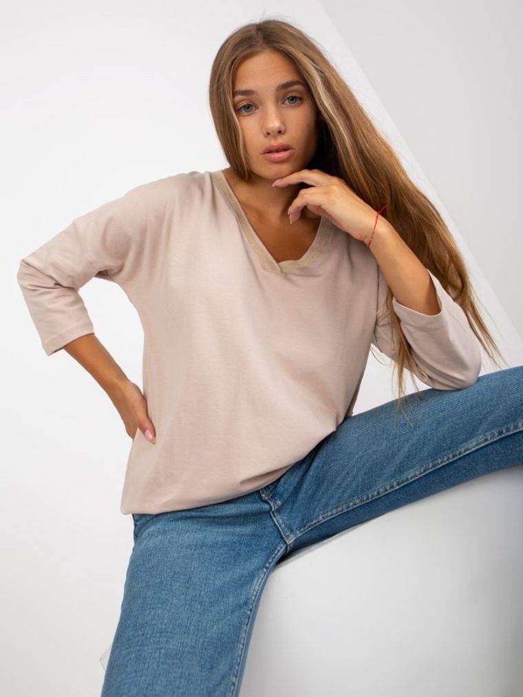 Bluzka damska z długim rękawem, beżowa, Rue Paris
