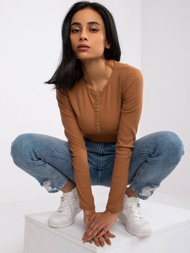 Bluzka damska z długim rękawem, brązowa, Lakerta