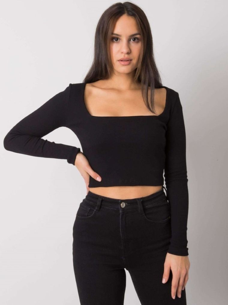 Bluzka damska z długim rękawem, crop top, czarna, Rue Paris