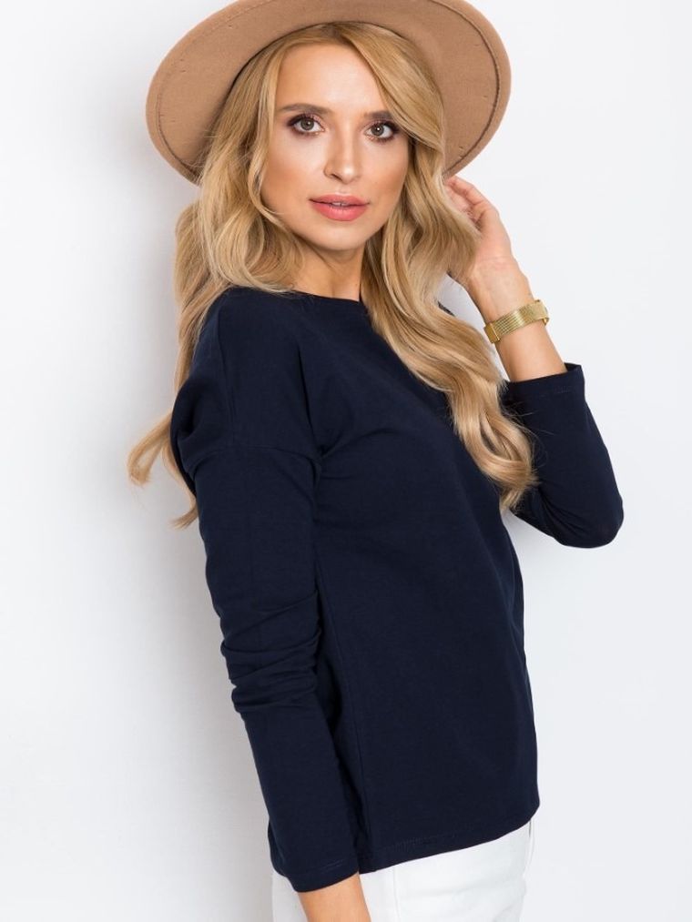 Bluzka damska z długim rękawem, granatowa, Basic Feel Good