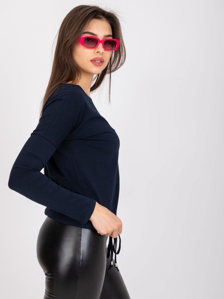 Bluzka damska z długim rękawem, granatowa, Basic Feel Good