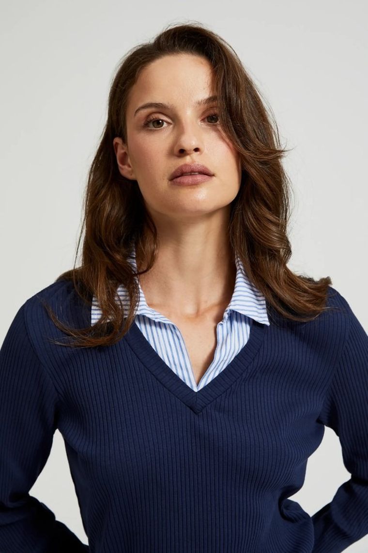 Bluzka damska z długim rękawem, granatowa, Moodo