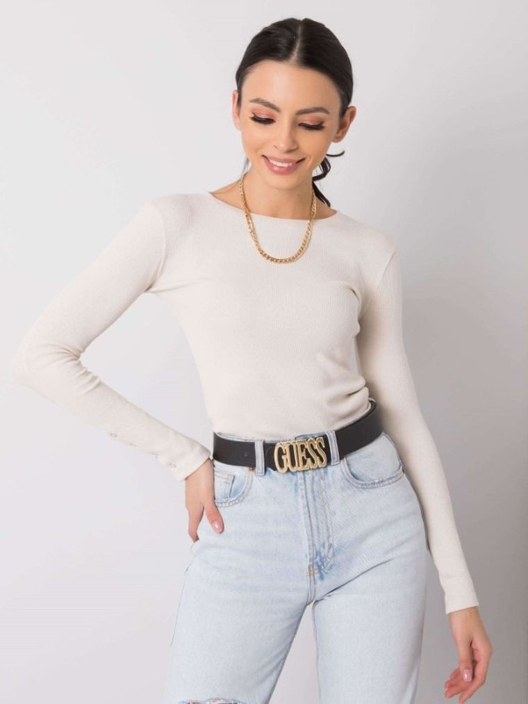 Bluzka damska z długim rękawem, jasnobeżowa, Rue Paris