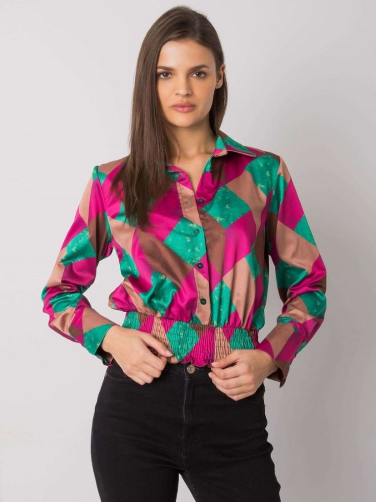 Bluzka damska z długim rękawem, koszulowa, różowa, Italy Moda