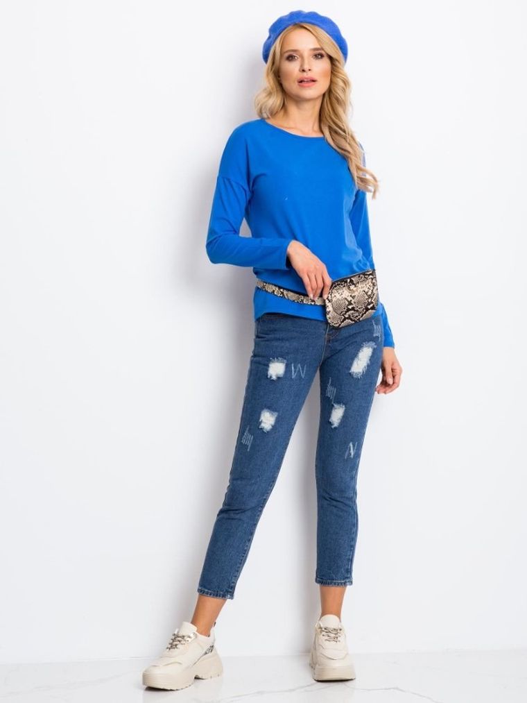 Bluzka damska z długim rękawem, niebieska, Basic Feel Good