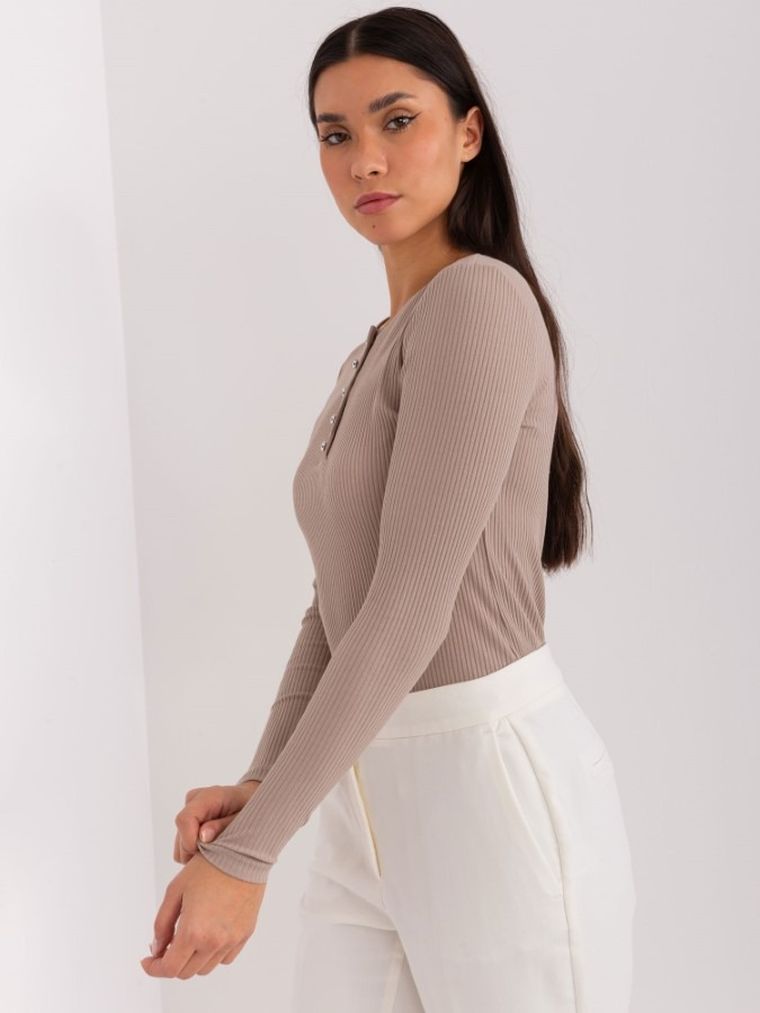 Bluzka damska z długim rękawem, prążkowana, beżowa, Basic Feel Good